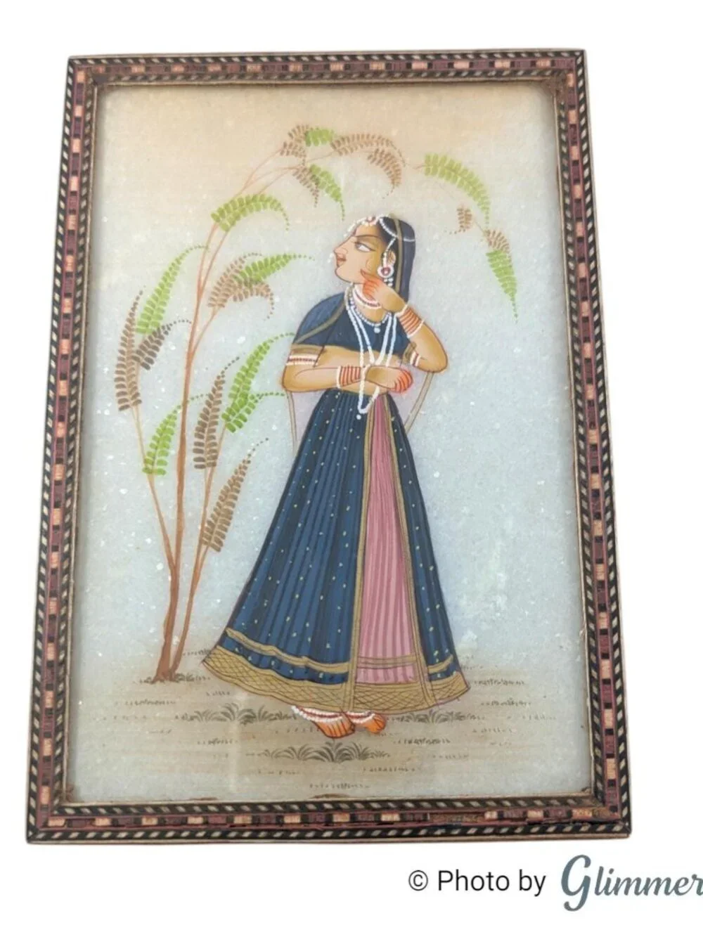 Vintage Indian Inlay Rajasthani Art Blue Lined Glass Lid Wood Jewelry Box